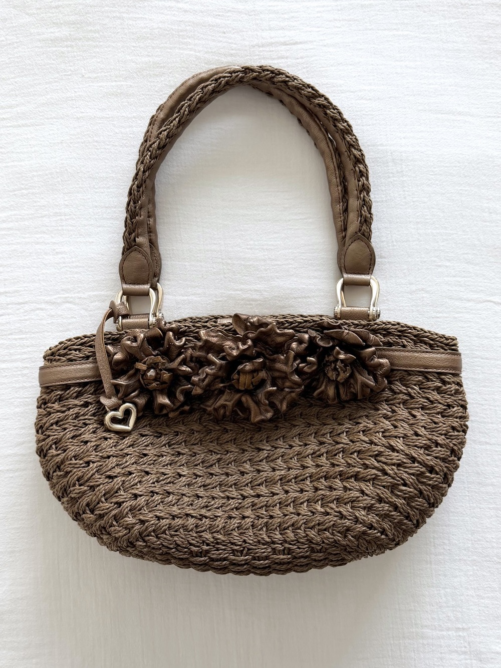 Y2K Brighton Brown Woven Shoulder Bag w/ 3D Flowers